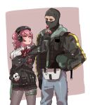 1boy 1girl beret blush candy crossover food girls_frontline hat height_difference highres lollipop mp7_(girls&#039;_frontline) off_shoulder pantyhose pink_hair pleated_skirt rainbow_six_siege redhead sanso_(kasyawamoti) side_ponytail skirt