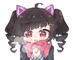 1girl ahoge alternate_hair_color animal_ears bangs black_hair blush blush_stickers breath cat_ears chibi cold condensation delutaya diagonal_bangs drill_hair english_commentary fake_animal_ears hair_ornament hairclip indie_virtual_youtuber kukie-nyan red_eyes red_scarf scarf solo twin_drills twintails virtual_youtuber