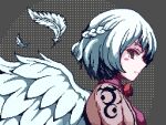  1girl braid closed_mouth doremy_sweet feathered_wings feathers french_braid from_side grey_background halftone halftone_background kappalabo kishin_sagume pixel_art polka_dot polka_dot_background red_eyes short_hair single_wing solo touhou upper_body white_feathers white_hair white_wings wings 