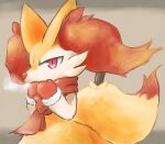 1girl absurdres animal_ear_fluff animal_ears animal_nose body_fur braixen breath brown_background clothed_pokemon commentary_request covered_mouth flat_chest fox_ears fox_girl fox_tail fur-trimmed_gloves fur_collar fur_trim furry furry_female gloves highres looking_at_viewer no_humans partial_commentary pokemon pokemon_(creature) red_eyes red_gloves red_scarf san_(sanchimpo) scarf simple_background snout solo standing stick tail two-tone_fur upper_body white_fur winter_clothes yellow_fur