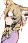 1girl animal_costume animal_ear_fluff animal_ears blonde_hair bow bowtie closed_mouth extra_ears eyebrows_visible_through_hair fennec_(kemono_friends) fox_ears fox_girl ise_(0425) kemono_friends kemono_friends_3 looking_at_viewer multicolored_hair purple_shirt red_eyes rueppell&#039;s_fox_(kemono_friends) shirt short_hair simple_background solo white_background yellow_bow yellow_bowtie