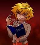 1girl animification artist_request blonde_hair book brown_jacket crossover death_note death_note_(object) dress holding holding_book holding_pen jacket lisa_simpson necklace orange_dress orange_eyes pen smile solo spiky_hair the_simpsons