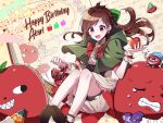  1girl 6_(yuchae) ant apple bare_legs bike_shorts bike_shorts_under_skirt blush bow bowtie brown_hair bug capelet dated food fruit green_capelet half_updo happy_birthday idolmaster idolmaster_cinderella_girls long_hair open_mouth picnic_basket red_eyes ringorou_(idolmaster) sharp_teeth smile teardrop teeth tsujino_akari wrist_cuffs 