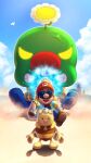 1boy 1other :d anger_vein bangs beach brown_footwear character_request clenched_teeth cloud clouds creature day f.l.u.d.d. facial_hair flying_sweatdrops full_body green_jacket highres jacket male_focus mario mustache outdoors red_headwear sand shoes short_sleeves sky smile sun_print sunglasses super_mario_bros. super_mario_sunshine taba_neruko teeth upper_teeth water
