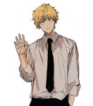 1boy arm_up bangs black_neckwear black_pants blonde_hair chainsaw_man collared_shirt denji_(chainsaw_man) gradient_background hand_in_pocket highres looking_at_viewer male_focus necktie pants shirt shirt_tucked_in short_hair simple_background sleeves_rolled_up solo tasuketemama upper_body waving white_background white_shirt yellow_eyes