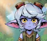 1girl animal_ears bangs bare_shoulders blush bush closed_mouth frown goggles goggles_on_head green_shirt grey_hair league_of_legends looking_at_viewer phantom_ix_row pointy_ears shiny shiny_hair shirt solo tristana upper_body yellow_eyes yordle