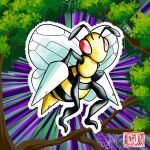 antennae artist_logo artist_name bee bee_print bee_wings beedrill branch bug bush colored_skin compound_eyes creature full_body grass highres inker_dog leaf monster no_humans outdoors outline pokemon pokemon_(creature) pokemon_(game) purple_background red_eyes self_upload silk solo spider_web stinger tree white_outline yellow_skin