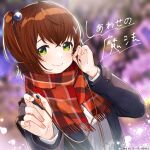 1girl blurry blurry_background booota brown_hair closed_mouth coat denonbu depth_of_field earphones green_eyes hair_ornament hidaka_reina_(denonbu) long_sleeves looking_at_viewer official_art red_scarf scarf shirt side_ponytail smile solo upper_body white_shirt winter_clothes winter_coat