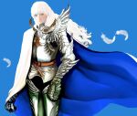 1boy androgynous armor berserk bird blue_background blue_eyes cape closed_mouth commentary commentary_request feathers griffith_(berserk) highres long_hair male_focus nisino2222 shoulder_armor simple_background solo wavy_hair weapon white_cape white_hair