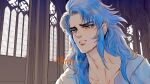  1boy artist_name blue_eyes blue_hair blush cathedral collarbone crying crying_with_eyes_open gemini_kanon highres indoors long_hair male_focus neck notre_dame_de_paris open_clothes open_shirt pillar safe saint_seiya signature solo streaming_tears suddhimagga tears window 