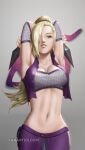  1girl armpits arms_up artist_request blonde_hair blue_eyes breasts cleavage hair_over_one_eye highres kunai large_breasts long_hair looking_at_viewer naruto naruto_(series) naruto_shippuuden navel ninja non-web_source open_mouth shirt smile solo source_request strapless tube_top weapon yamanaka_ino 