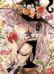 1girl apple blue_eyes earrings english_text flower food from_side fruit hat highres holding holding_food holding_fruit jewelry long_hair open_mouth original painting_(medium) solo traditional_media twitter_username watercolor_(medium) witch witch_hat yukoring