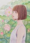 1girl bob_cut brown_hair day flower green_eyes highres k.nishiyama lipstick looking_to_the_side makeup outdoors painting_(medium) parted_lips shirt short_hair sleeveless solo traditional_media upper_body watercolor_(medium) white_shirt
