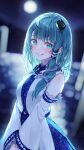 1girl bangs bare_shoulders blue_skirt blunt_bangs blurry blurry_background blush bokeh depth_of_field detached_sleeves dutch_angle frog_hair_ornament green_hair hair_ornament hair_tubes highres kochiya_sanae long_hair looking_at_viewer moonlight night skirt smile snake_hair_ornament solo syuri22 touhou v_arms