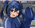 1girl :d ;d blue_eyes blue_hair blue_jacket ene_(kagerou_project) facial_mark glitch headphones highres jacket kagerou_project looking_at_viewer one_eye_closed open_mouth sleeves_past_fingers sleeves_past_wrists smile solo tananuki track_jacket twintails window_(computing)