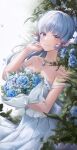 1girl bare_shoulders blue_eyes blue_flower blue_rose blunt_tresses blush bouquet dress falling_petals flower genshin_impact hair_ribbon highres holding holding_bouquet jewelry kamisato_ayaka looking_at_viewer mole mole_under_eye necklace parted_lips petals plant ribbon rose rose_petals sleeveless sleeveless_dress smile solo spaghetti_strap strap_slip tress_ribbon white_dress white_hair youwon0417