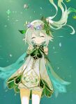 1girl ^_^ bare_shoulders blush closed_eyes closed_mouth dress elf flower genshin_impact green_background hair_flower hair_ornament happy head_wreath highres looking_at_viewer nahida_(genshin_impact) pointy_ears qingxin_gua_yu simple_background smile solo white_hair