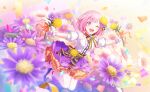 1girl ;d blush confetti dress flower looking_at_viewer official_art one_eye_closed ootori_emu open_mouth pink_eyes pink_hair project_sekai ribbon short_hair smile solo sunflower wink yellow_flower