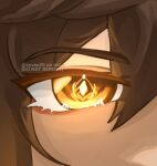 1boy 1girl artist_name bangs bodysuit bomber_jacket brown_hair brown_jacket ear_piercing english_commentary eye_focus genshin_impact goggles harness jacket leather leather_jacket male_focus orange_eyes piercing solo spiked_hair symbol-shaped_pupils tracer_(overwatch) twitter_username vyvee20 yellow_eyes zhongli_(genshin_impact)