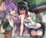 &gt;_&lt; 2girls :d bangs bare_arms bare_shoulders black_hair black_thighhighs blush breasts can clothes_writing dress flat_chest full-face_blush hair_between_eyes hair_intakes hair_ornament hand_on_another&#039;s_neck hand_under_clothes hand_up headphones holding holding_can indoors kyoumachi_seika lamp long_hair low_twintails medium_breasts microa multiple_girls navel open_mouth pillow purple_dress purple_hair short_hair_with_long_locks short_sleeves shorts sitting sleeping smile sweatdrop table tears thigh-highs thighhighs trash_can twintails violet_eyes vocaloid voiceroid wariza wavy_mouth wooden_floor yuzuki_yukari zettai_ryouiki