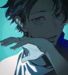  1boy absurdres black_hair blood blood_on_face blood_on_hands blue_background blue_theme highres jewelry jujutsu_kaisen kyuuba_melo looking_at_another male_focus okkotsu_yuuta popped_collar ring short_hair simple_background solo wedding_ring wiping_blood 