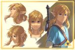 1boy artist_name blonde_hair blue_eyes blue_tunic border earrings eorinamo grey_shirt hair_between_eyes jewelry link looking_at_viewer looking_to_the_side low_ponytail male_focus medium_hair multiple_views pointy_ears portrait reference_sheet shirt sidelocks solo the_legend_of_zelda the_legend_of_zelda:_breath_of_the_wild upper_body weapon weapon_on_back