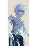 1boy absurdres arms_at_sides blue_eyes electricity enoki_(gongindon) expressionless feet_out_of_frame fighting_stance highres hunter_x_hunter killua_zoldyck male_focus shirt short_hair sleeveless sleeveless_shirt solo spiky_hair v-neck white_hair
