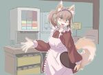 1girl absurdres animal_ears animal_nose apron arm_at_side bangs blush body_fur breasts brown_fur brown_hair buttons coffee_maker_(object) commentary_request cowboy_shot dress english_text fox_ears fox_girl fox_tail frilled_apron frills furry furry_female green_eyes hairband hand_up happy highres holding holding_tray indoors leonardo_(user_crrj8878) long_dress long_hair long_sleeves looking_at_viewer maid maid_apron open_mouth original outline ponytail purple_hairband red_dress sidelocks sign small_breasts smile solo standing tail tray two-tone_fur v-shaped_eyebrows white_apron white_fur white_outline