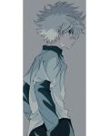 1boy absurdres blue_eyes cowboy_shot enoki_(gongindon) from_side hands_in_pockets highres hunter_x_hunter killua_zoldyck long_sleeves looking_at_viewer male_focus monochrome shirt short_hair sideways_glance solo spiky_hair t-shirt white_hair