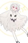 1girl :d d full_body ghost_costume hair_flaps halloween_costume highres kibisake looking_at_viewer open_mouth original red_eyes short_eyebrows short_hair simple_background smile solo sparkle star_(symbol) torii_koyomi white_background white_hair