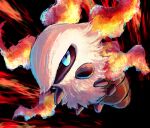 animal_focus black_background blue_eyes bug commentary_request fire highres ka-neito larvesta looking_at_viewer no_humans pokemon pokemon_(creature) solo white_fur
