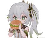 1girl bangs bracelet burger chicken_(food) commentary_request detached_sleeves eating food genshin_impact gradient_hair green_eyes grey_hair hair_between_eyes hair_ornament highres holding holding_food jewelry long_hair multicolored_hair nahida_(genshin_impact) pointy_ears short_sleeves side_ponytail sidelocks simple_background solo symbol-shaped_pupils thehprm white_background