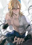 1boy abs absurdres blonde_hair collarbone feather_hair_ornament feathers genshin_impact grin hair_ornament highres kaveh_(genshin_impact) male_focus off_shoulder open_clothes pectorals pos_po red_eyes shirt smile solo sweatdrop teeth white_shirt
