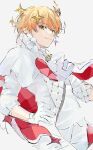 1boy blonde_hair cape closed_mouth crown crown_hair_ornament floating_hair_ornament gloves hand_on_hip highres iwatnc looking_at_viewer male_focus pants project_sekai shirt smile solo sparkle sparkle_hair_ornament star_(symbol) tenma_tsukasa white_cape white_gloves white_pants white_shirt yellow_eyes