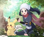 1girl affectionate akari_(pokemon) black_hair black_shirt blush character_print commentary_request day eyelashes floating_hair floating_scarf grass grey_eyes grey_jacket grey_skirt haru_(haruxxe) hat head_scarf holding jacket leaf logo long_hair open_mouth outdoors pantyhose picture_(object) pikachu pokemon pokemon_(creature) pokemon_(game) pokemon_legends:_arceus ponytail red_scarf scarf shirt sidelocks sitting skirt tongue white_headwear