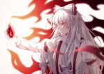 1girl absurdres bangs bow collared_shirt fire fujiwara_no_mokou grin hair_bow highres long_hair long_sleeves pyrokinesis red_bow red_eyes shirt siluxiangchengweiouhuang smile solo suspenders touhou two-tone_bow upper_body white_background white_bow white_hair white_shirt