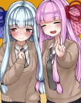 2girls :d bangs black_skirt blue_hair blunt_bangs blush brown_cardigan cardigan closed_eyes closed_mouth collared_shirt grey_necktie hair_ornament hair_ribbon hand_up highres kotonoha_akane kotonoha_aoi light_blue_hair long_hair long_sleeves microa multiple_girls necktie open_mouth orange_eyes outstretched_arm pink_hair pleated_skirt ribbon shirt siblings sisters skirt sleeves_past_wrists smile teeth upper_teeth voiceroid white_shirt yellow_background