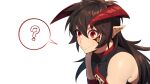 1boy 1girl ? bare_shoulders closed_mouth demon_boy demon_king_(in) highres horns in_(ain) long_hair male_focus original pointy_ears red_eyes simple_background smile solo spoken_question_mark white_background