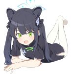  1girl :d animal_ears black_dress black_hair black_ribbon black_thighhighs blue_archive china_dress chinese_clothes dress feet_up full_body green_eyes green_ribbon hair_ribbon halo light_blush long_hair looking_at_viewer lying on_stomach open_mouth ribbon shun_(blue_archive) shun_(small)_(blue_archive) simple_background smile solo supershiruco thigh-highs two_side_up white_background 