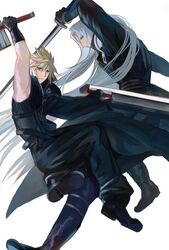 2boys aqua_eyes armor bangs black_footwear black_gloves black_jacket black_pants black_shirt blonde_hair boots cloud_strife dual_wielding fighting_stance final_fantasy final_fantasy_vii final_fantasy_vii_advent_children full_body fusion_swords gloves grey_hair hair_between_eyes high_collar highres holding holding_sword holding_weapon jacket jjn_ff7 long_bangs long_hair long_jacket long_sleeves looking_at_viewer male_focus masamune_(ff7) multiple_boys pants parted_bangs sephiroth shirt short_hair shoulder_armor single_sleeve sleeveless sleeveless_shirt spiky_hair sword toned toned_male weapon white_background