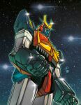 absurdres baldios clenched_hands daniele_rudoni earth english_commentary glint highres mecha night night_sky no_humans oldschool outdoors pierucciniriccardo robot sky solo space standing star_(sky) starry_background starry_sky uchuu_senshi_baldios
