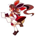 1girl bow brown_hair chibi detached_sleeves dress full_body hair_bow hair_tubes hakurei_reimu long_hair looking_at_viewer mota open_mouth red_bow red_dress red_eyes simple_background skirt sleeveless sleeveless_dress solo touhou white_background