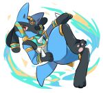 1other armlet black_hair blue_fur bracelet clothed_pokemon commentary_request energy full_body furry head_tilt jewelry looking_at_viewer lucario no_humans pokemon pokemon_(creature) pokemon_(game) pokemon_unite red_eyes simple_background spikes tail white_background whitecrow9522