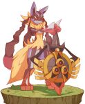 1other aegislash alternate_color closed_mouth cracked_floor frown full_body furry grass highres looking_to_the_side lucario no_humans pokemon pokemon_(creature) red_eyes sally_(luna-arts) shiny_pokemon signature spikes standing yellow_fur