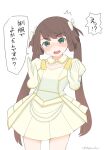 1girl ^^^ absurdres alternate_costume asagumo_(kancolle) blush brown_hair commentary_request cowboy_shot dress gloves grey_eyes hair_ribbon highres kantai_collection long_hair one-hour_drawing_challenge ribbon solo toplow translation_request twintails white_dress