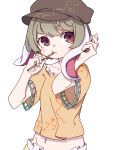 1girl absurdres animal_ears blonde_hair blush_stickers brown_headwear bunny_ears cabbie_hat closed_mouth floppy_ears hat highres holding holding_skewer kame_(kamepan44231) mouth_hold navel one-hour_drawing_challenge orange_shirt rabbit_ears red_eyes ringo_(touhou) shirt short_hair short_sleeves simple_background skewer solo touhou upper_body white_background
