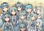 6+girls :d ;d ^_^ ahoge arm_up bags_under_eyes bangs blue_hair blue_ribbon blush clenched_hands closed_eyes closed_mouth detached_sleeves eyebrows_visible_through_hair hair_bun hair_intakes hair_ribbon hands_up highres kotonoha_aoi light_blue_hair long_hair long_sleeves looking_at_viewer microa multiple_girls multiple_persona no_pupils nose_blush one_eye_closed own_hands_together pink_ribbon red_eyes ribbon single_side_bun smile split_mouth v-shaped_eyebrows voiceroid white_sleeves wide_sleeves