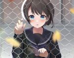 1girl absurdres against_fence alternate_costume bangs black_neckerchief black_sailor_collar black_serafuku blue_eyes blue_sailor_collar blush brown_hair cellphone chain-link_fence fence highres holding holding_phone hololive looking_at_viewer nail_polish neckerchief oozora_subaru parted_lips phone sailor_collar sankon_(choko-noki) school_uniform serafuku short_hair smartphone solo swept_bangs tile_floor tile_wall tiles uniform virtual_youtuber