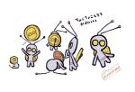 antennae blush character_request coin commentary_request head_tilt looking_at_viewer meltan multiple_views no_humans pokemon sagemaru-br signature simple_background translation_request white_background yellow_eyes
