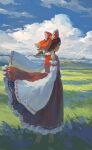  1girl bow closed_mouth cloud clouds day detached_sleeves fjsmu grass hair_bow hair_tubes hakurei_reimu highres looking_afar medium_hair on_grass outdoors red_bow red_skirt red_vest scenery skirt sky sleeves_past_wrists solo standing touhou vest wide_sleeves 